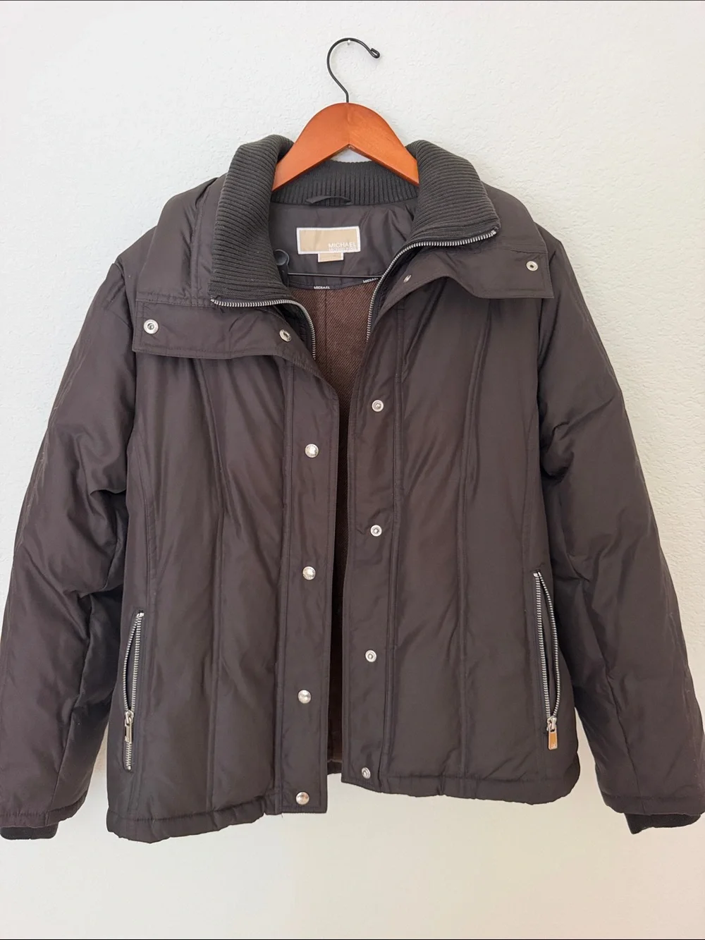 Michael Kors Women's Dark Brown Quilted Puffer Jacket with Ribbed Collar